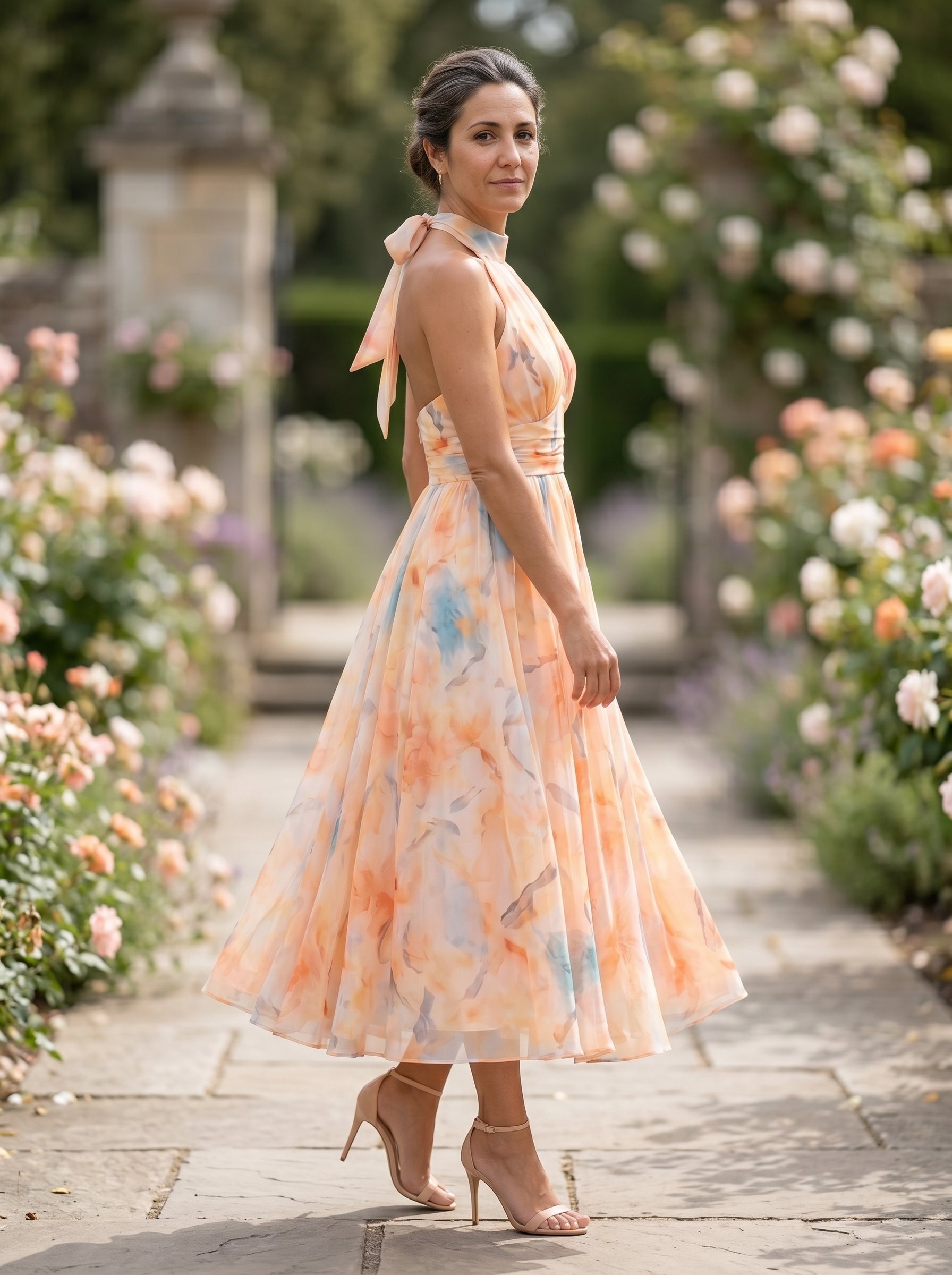 Renata | Vestido Midi Coral Floral com Decote Halter e Saia Plissada
