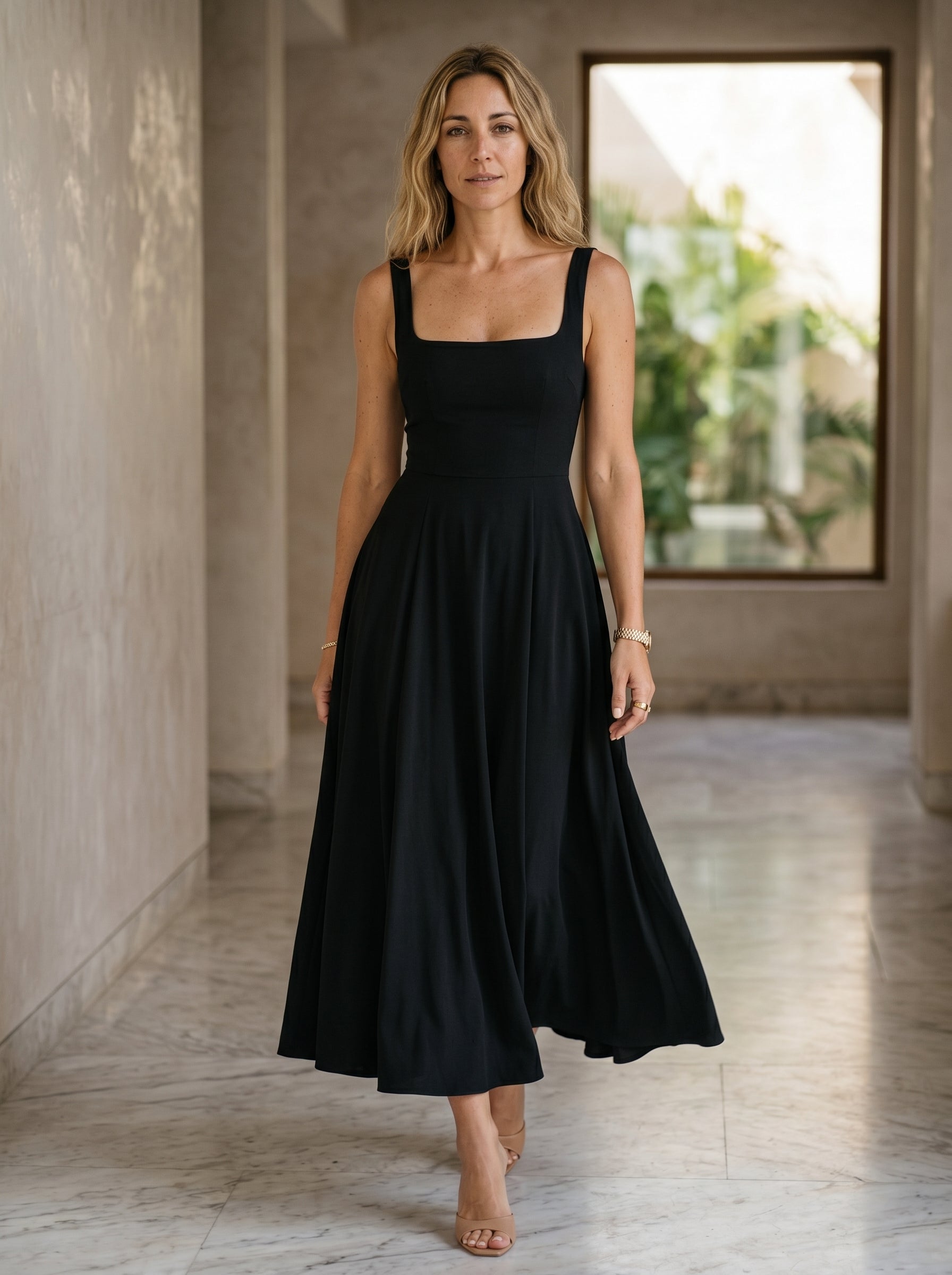 Marta | Vestido Midi Preto com Alças Largas e Saia Evasê de Caimento Perfeito