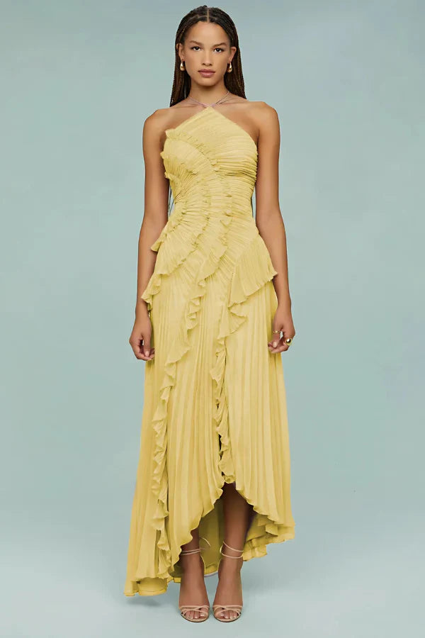 Salomé | Vestido Longo Rosa Antigo em Renda com Babados Assimétricos e Barra Irregular