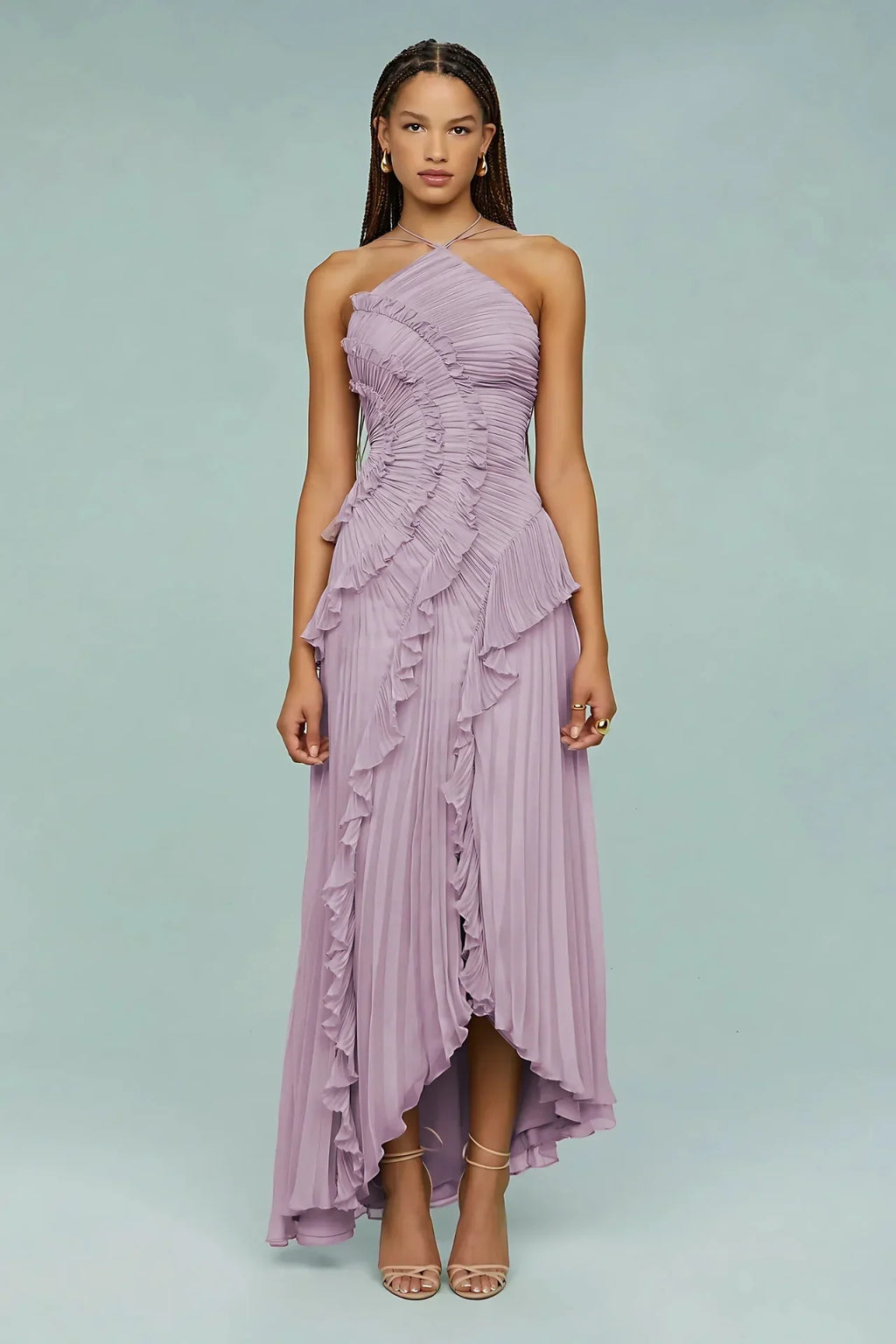 Salomé | Vestido Longo Rosa Antigo em Renda com Babados Assimétricos e Barra Irregular