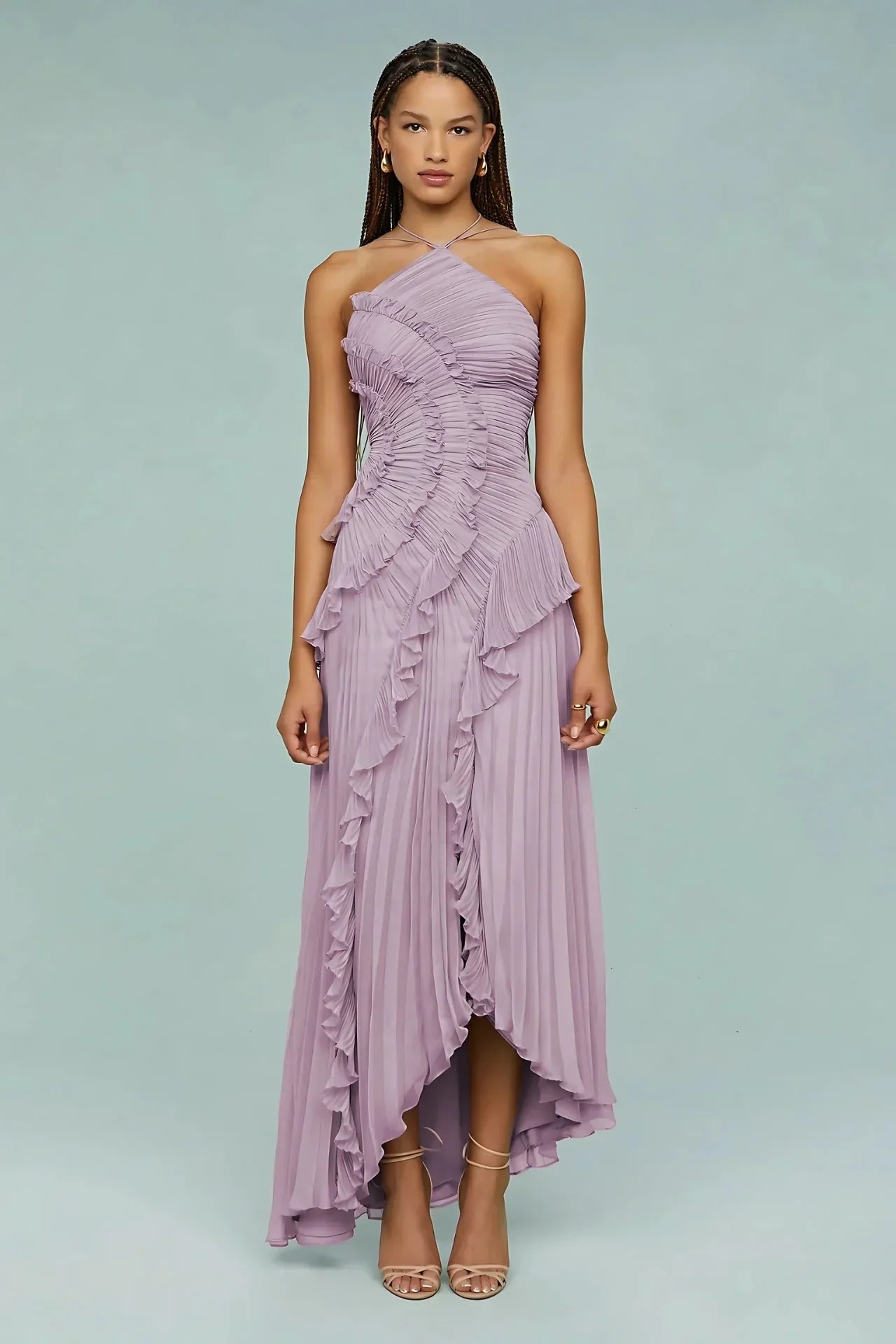 Salomé | Vestido Longo Rosa Antigo em Renda com Babados Assimétricos e Barra Irregular