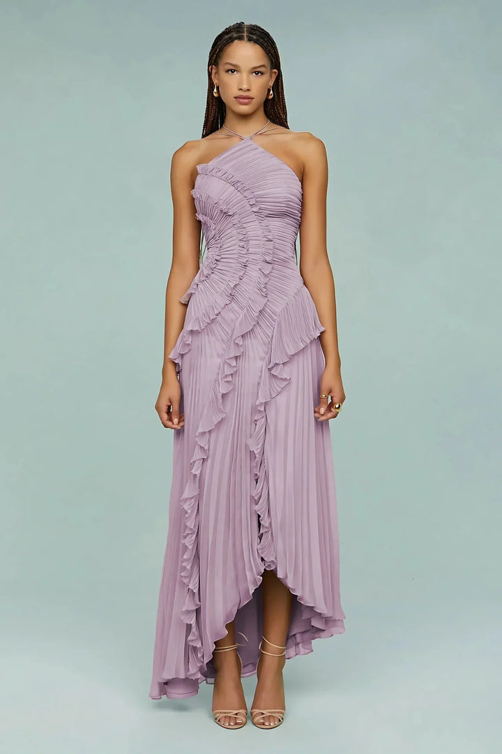 Salomé | Vestido Longo Rosa Antigo em Renda com Babados Assimétricos e Barra Irregular