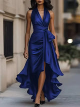 Lorena | Vestido Longo Azul Royal com Decote Halter Cruzado e Babado Assimétrico