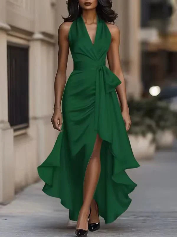 Lorena | Vestido Longo Azul Royal com Decote Halter Cruzado e Babado Assimétrico