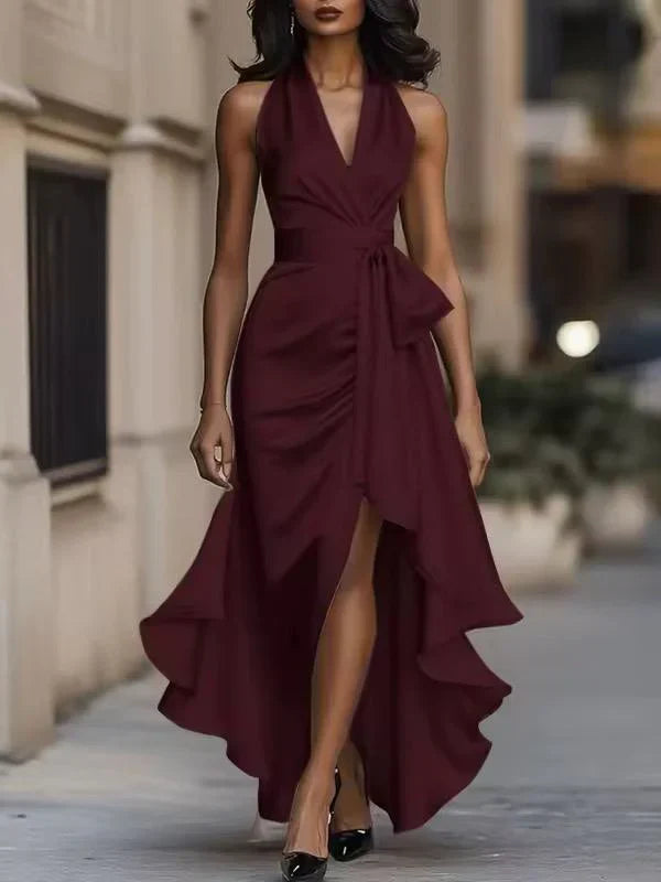 Lorena | Vestido Longo Azul Royal com Decote Halter Cruzado e Babado Assimétrico