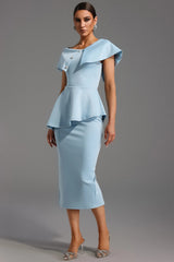 Vestido Midi Elegante de Cintura Alta com Gola Assimétrica e Design Escultural
