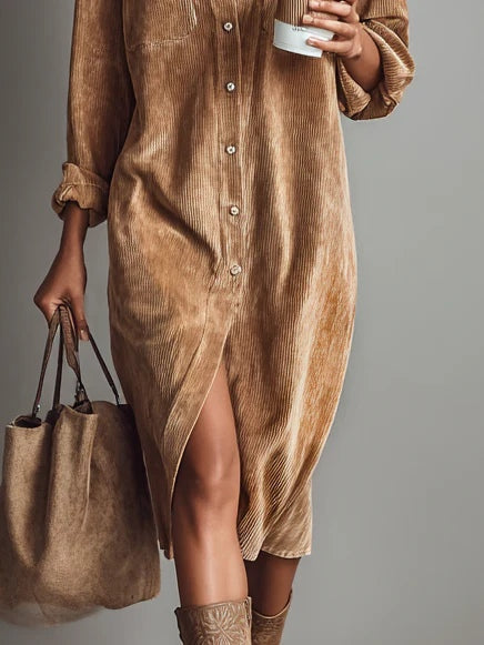 Vestido Midi Solto de Veludo Cotelê com Dois Bolsos no Peito e Botões Simples