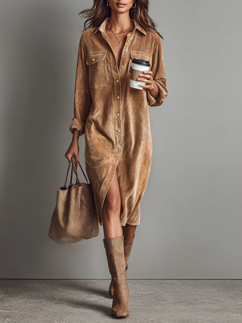 Vestido Midi Solto de Veludo Cotelê com Dois Bolsos no Peito e Botões Simples