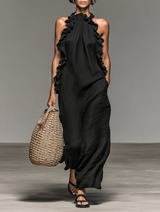 Dalila | Vestido Longo com Gola Halter, Franzido e Fenda Lateral