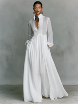 Aurora | Vestido Longo Branco com Decote em V, Manga Longa e Saia Ampla