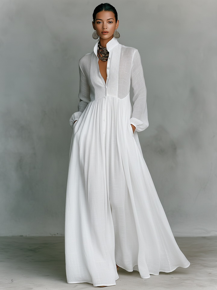 Aurora | Vestido Longo Branco com Decote em V, Manga Longa e Saia Ampla