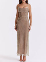 Esmeraldina | Vestido Longo Dourado em Malha Transparente com Alças Finas