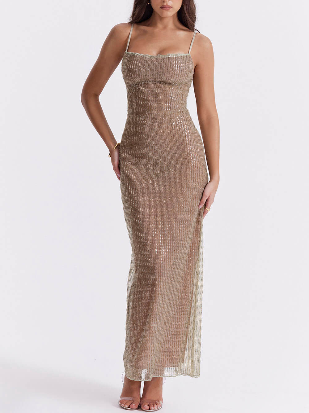 Esmeraldina | Vestido Longo Dourado em Malha Transparente com Alças Finas
