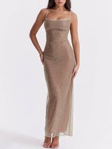 Esmeraldina | Vestido Longo Dourado em Malha Transparente com Alças Finas