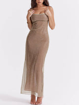Esmeraldina | Vestido Longo Dourado em Malha Transparente com Alças Finas
