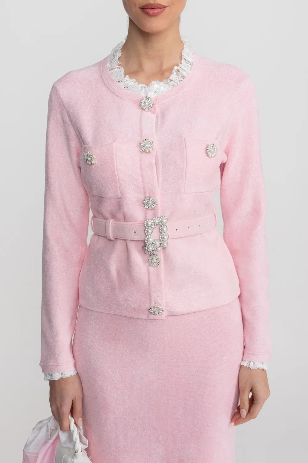Conjunto Executivo Rosa: Casaco Estruturado e Saia Sereia Midi – Elegância