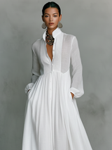 Aurora | Vestido Longo Branco com Decote em V, Manga Longa e Saia Ampla