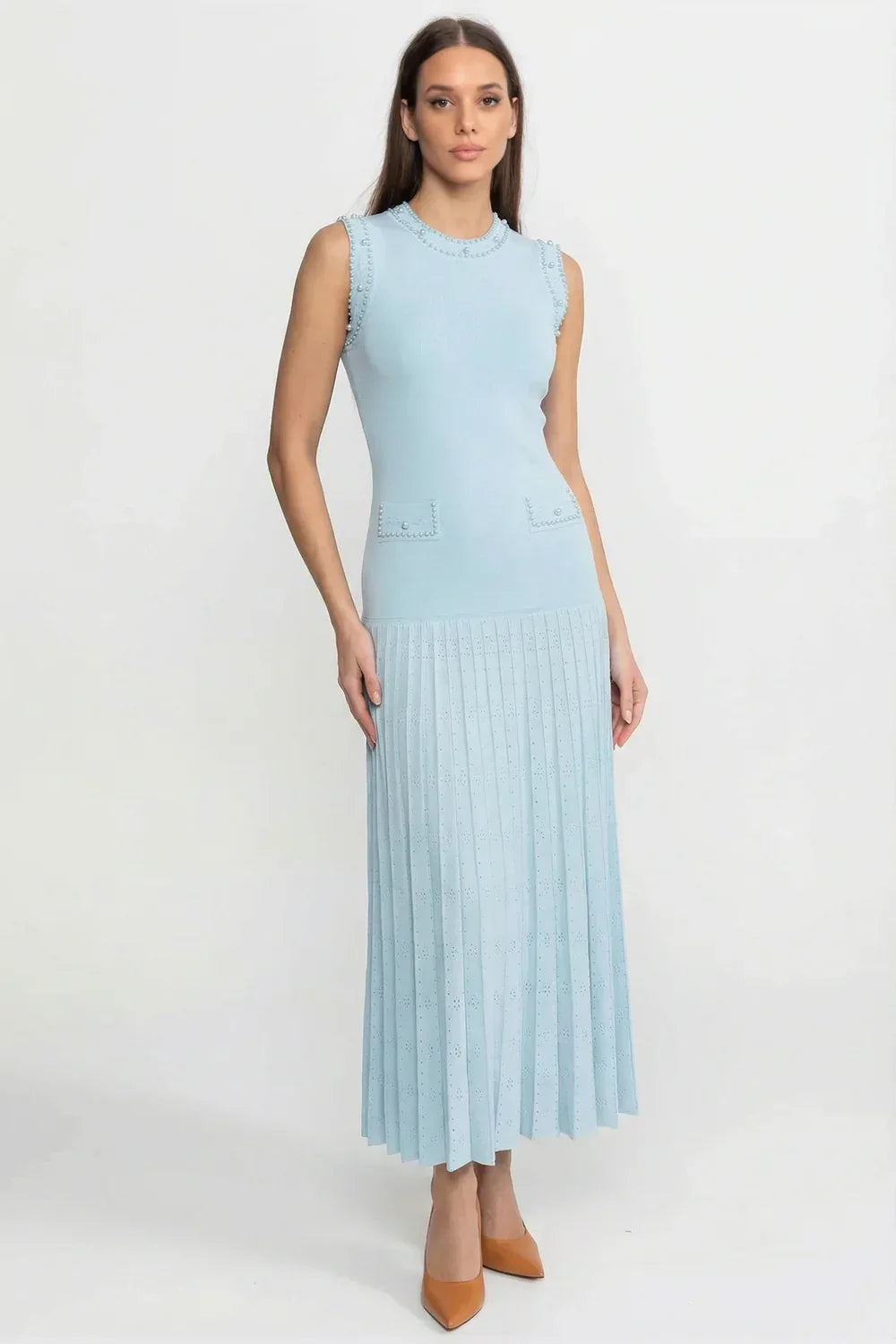 Vestido Midi em Tricô com Aplicações de Pérolas – Azul Serenity