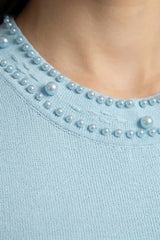Cardigan em Tricô com Aplicações de Pérolas – Azul Serenity