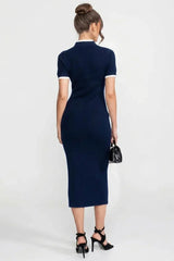 Vestido Midi Bicolor em Tricô com Aplicação de Flor Tridimensional