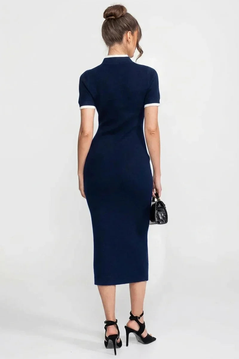Vestido Midi Bicolor em Tricô com Aplicação de Flor Tridimensional