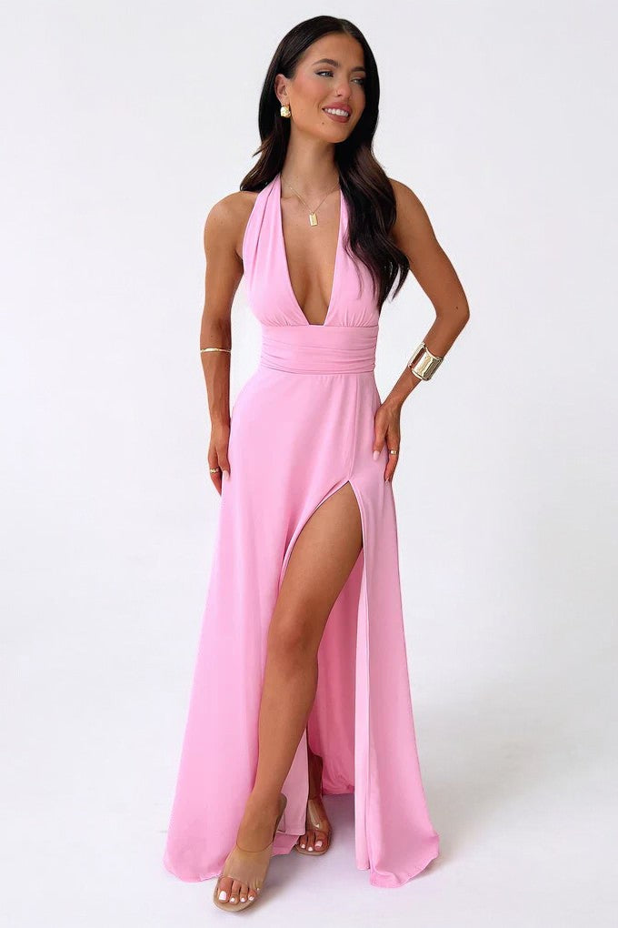 Clarisse | Vestido Longo Rosa com Decote Halter Profundo e Fenda Alta