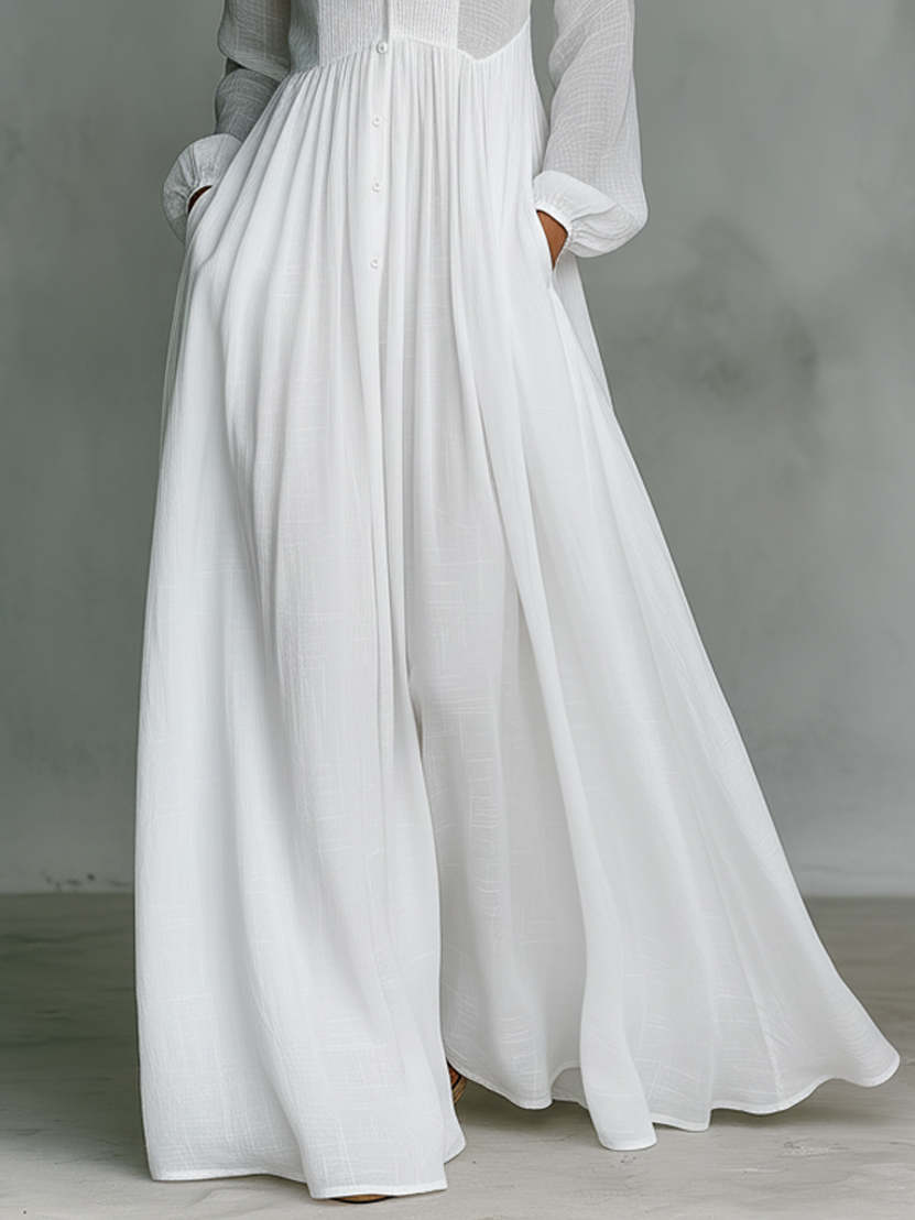 Aurora | Vestido Longo Branco com Decote em V, Manga Longa e Saia Ampla
