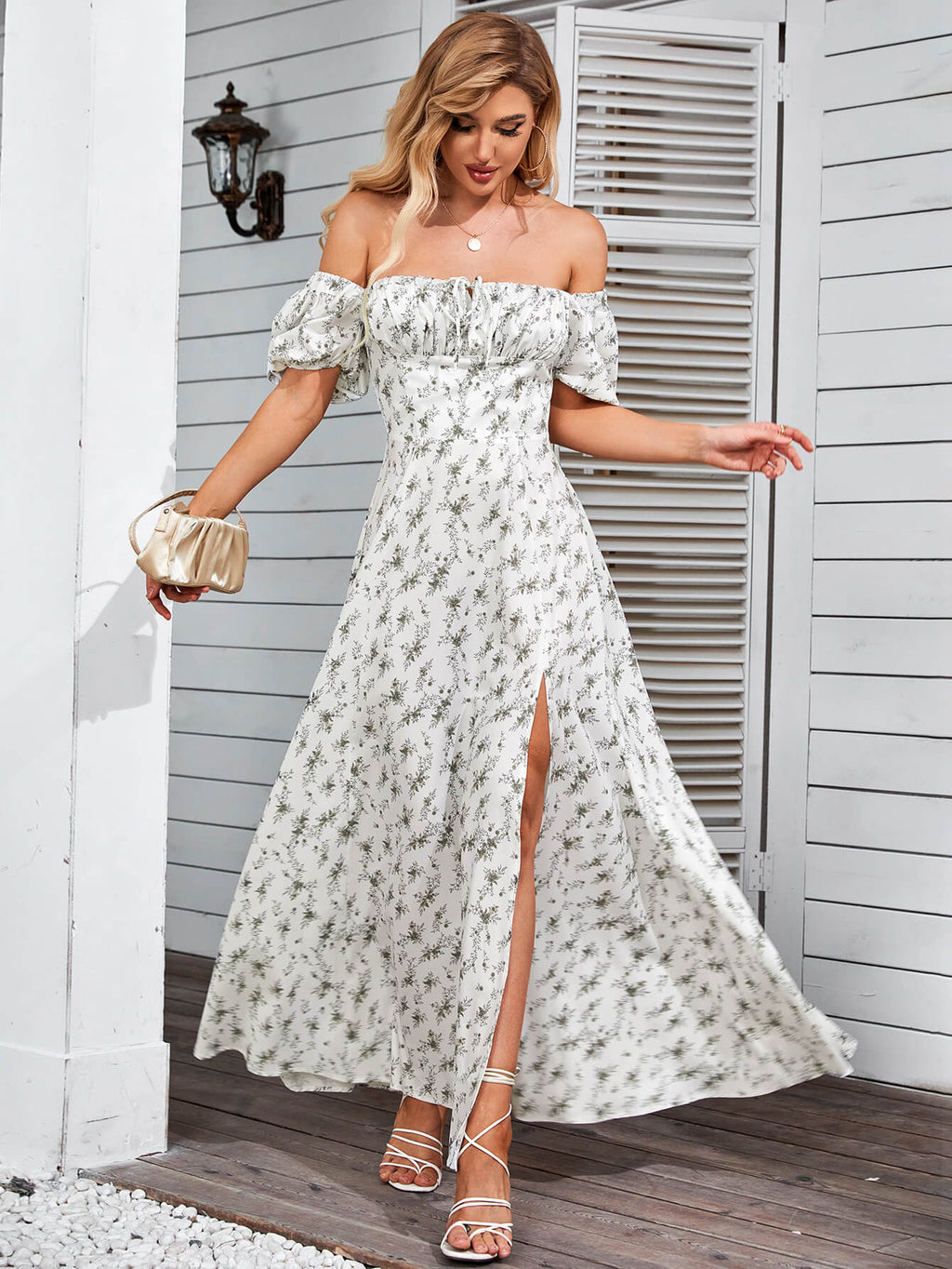 Marcelina | Vestido Midi Floral Azul com Manga Bufante e Fenda Alta