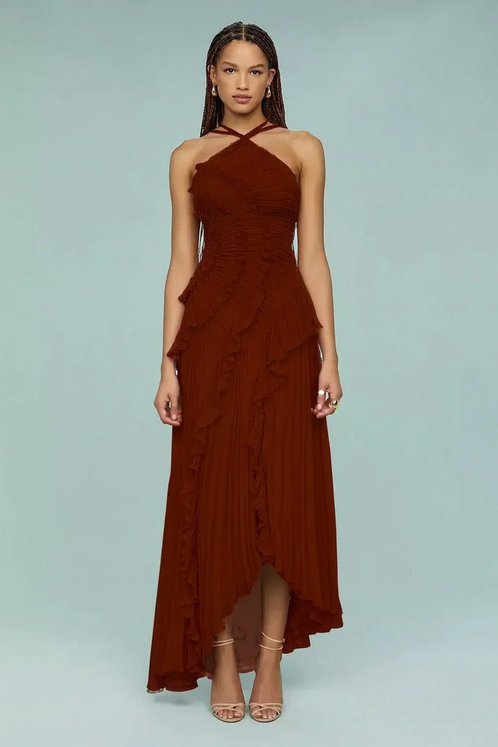 Salomé | Vestido Longo Rosa Antigo em Renda com Babados Assimétricos e Barra Irregular