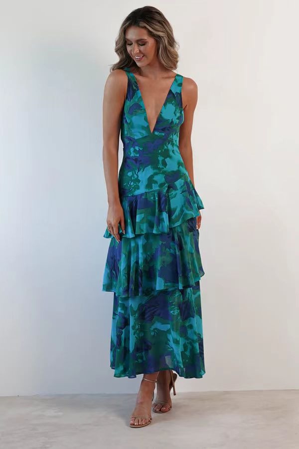 Valentina | Vestido Longo Floral com Babados em Camadas e Decote V