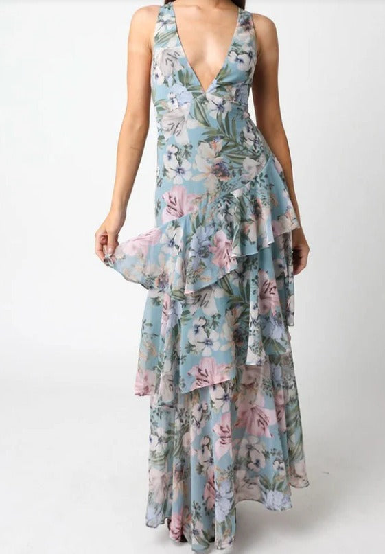 Valentina | Vestido Longo Floral com Babados em Camadas e Decote V
