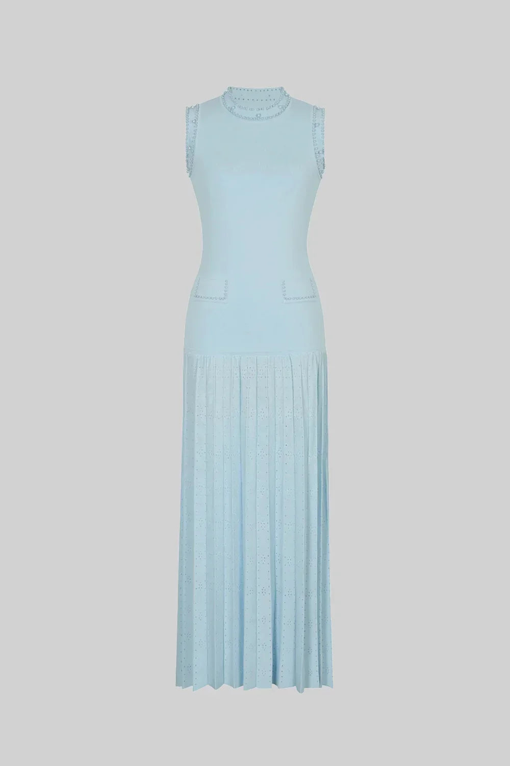 Vestido Midi em Tricô com Aplicações de Pérolas – Azul Serenity