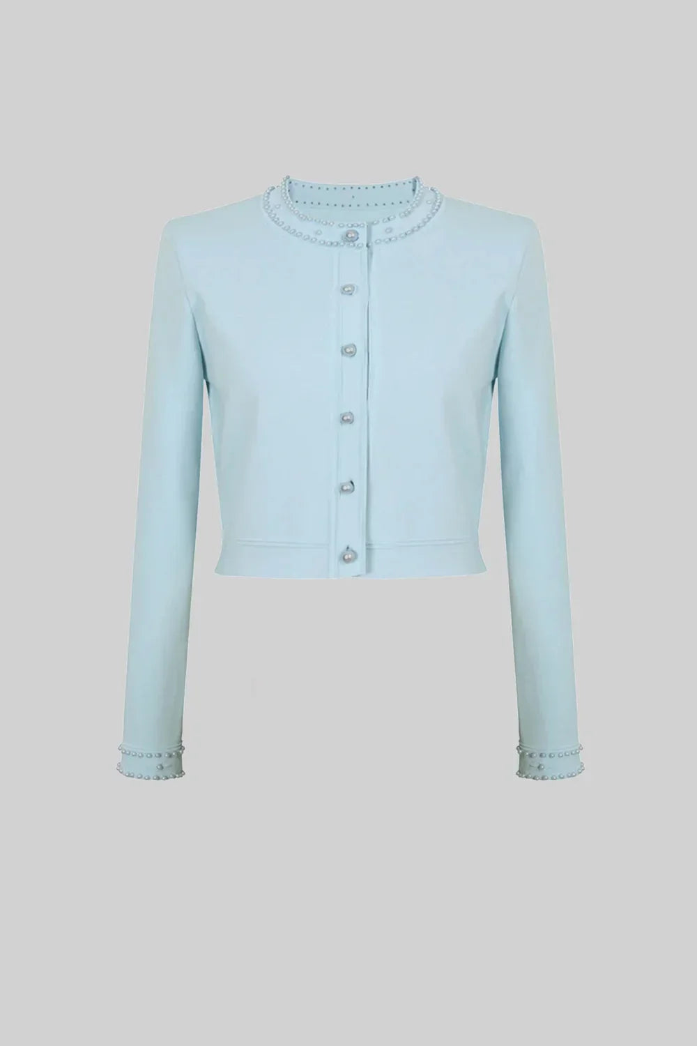 Cardigan em Tricô com Aplicações de Pérolas – Azul Serenity
