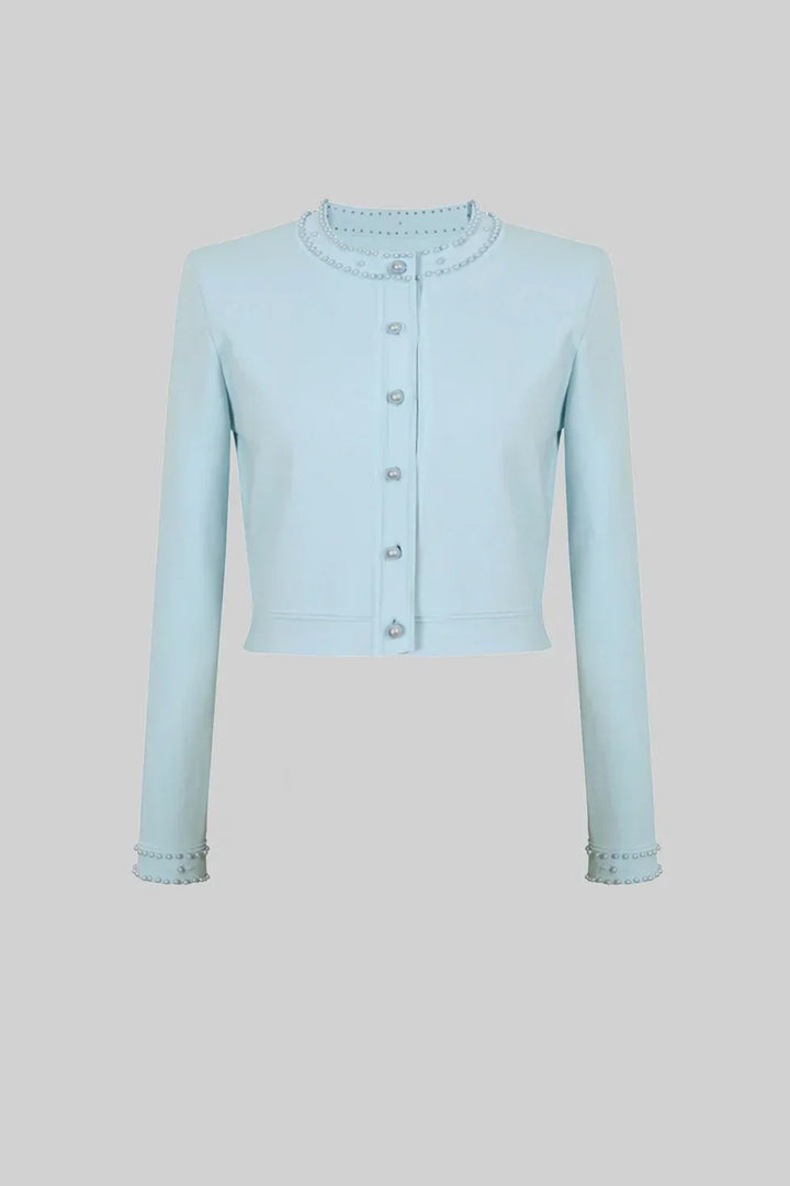 Cardigan em Tricô com Aplicações de Pérolas – Azul Serenity