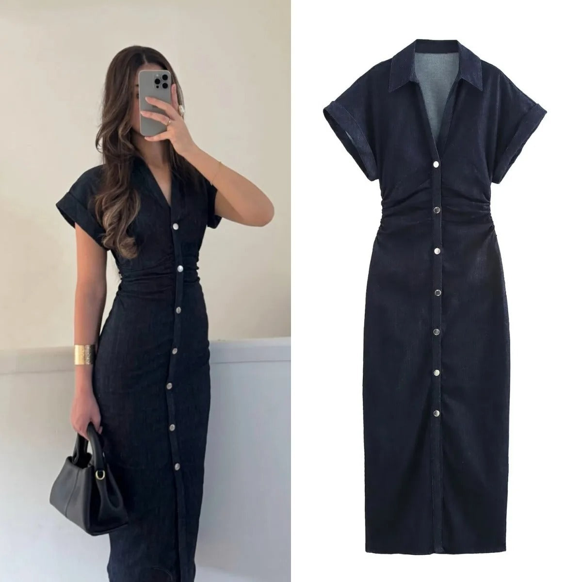 Eduarda | Vestido Midi Preto com Botões Frontais e Manga Curta