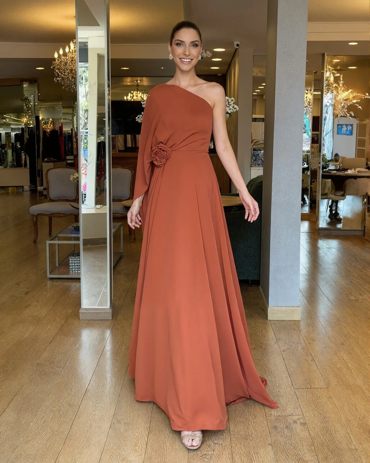 LUIZA | Vestido Longo de Chiffon Ombro Assimétrico