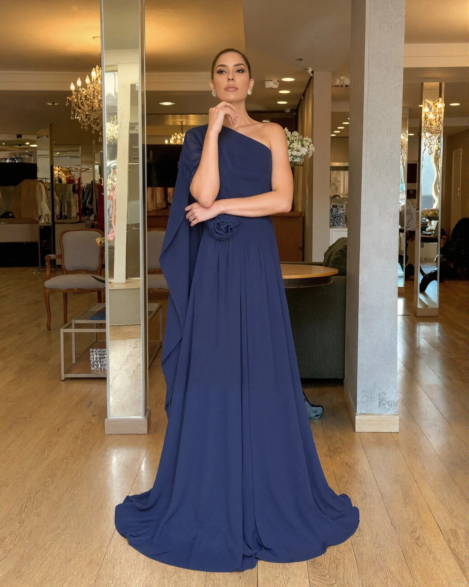 LUIZA | Vestido Longo de Chiffon Ombro Assimétrico