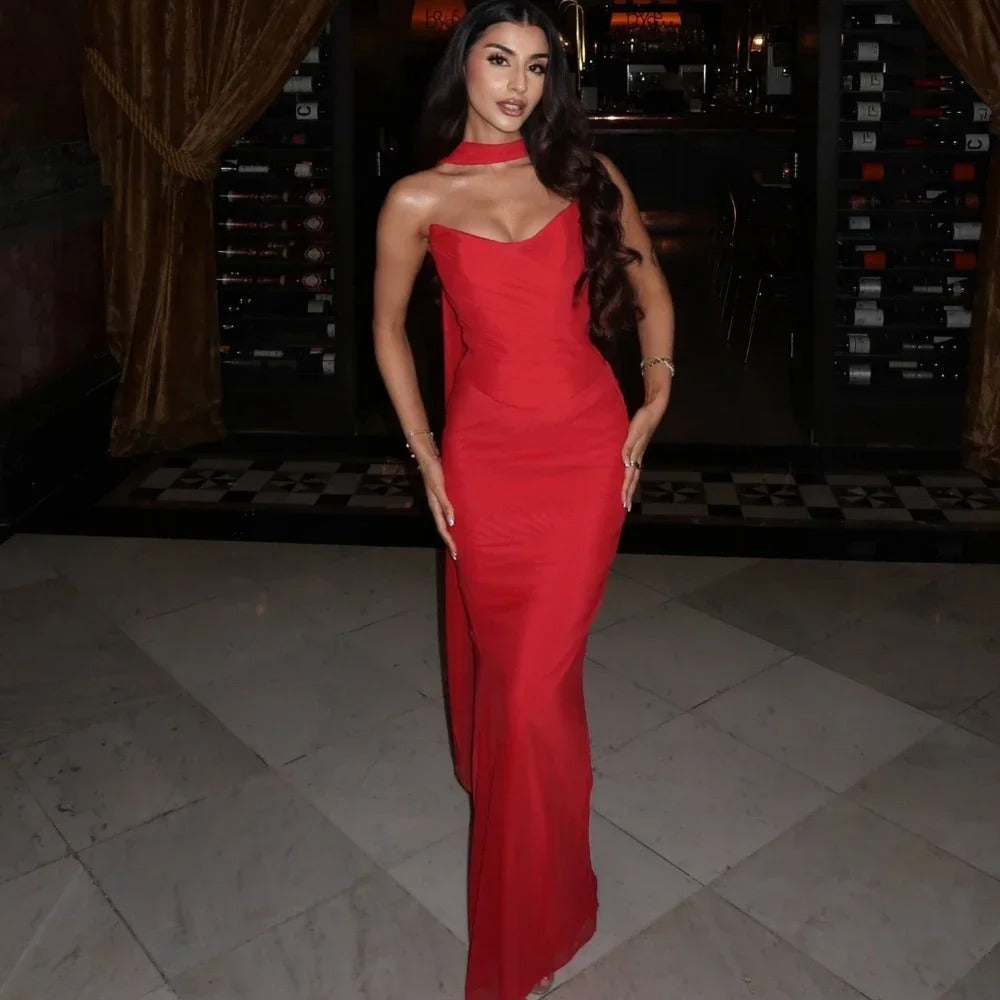 Verônica | Vestido Longo Vermelho com Franzido, Corpete e Detalhe no Pescoço