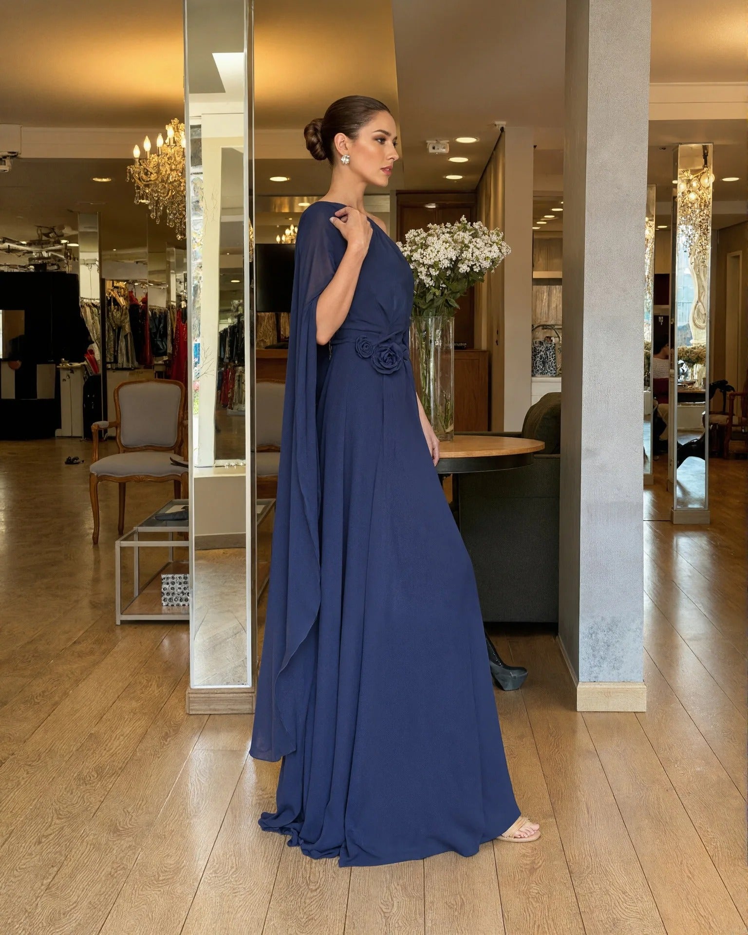 LUIZA | Vestido Longo de Chiffon Ombro Assimétrico