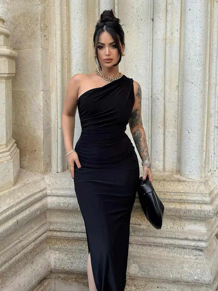 Nádia | Vestido Midi Franzido com Ombro Único e Drapeado Lateral