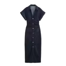 Eduarda | Vestido Midi Preto com Botões Frontais e Manga Curta