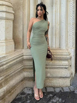 Nádia | Vestido Midi Franzido com Ombro Único e Drapeado Lateral