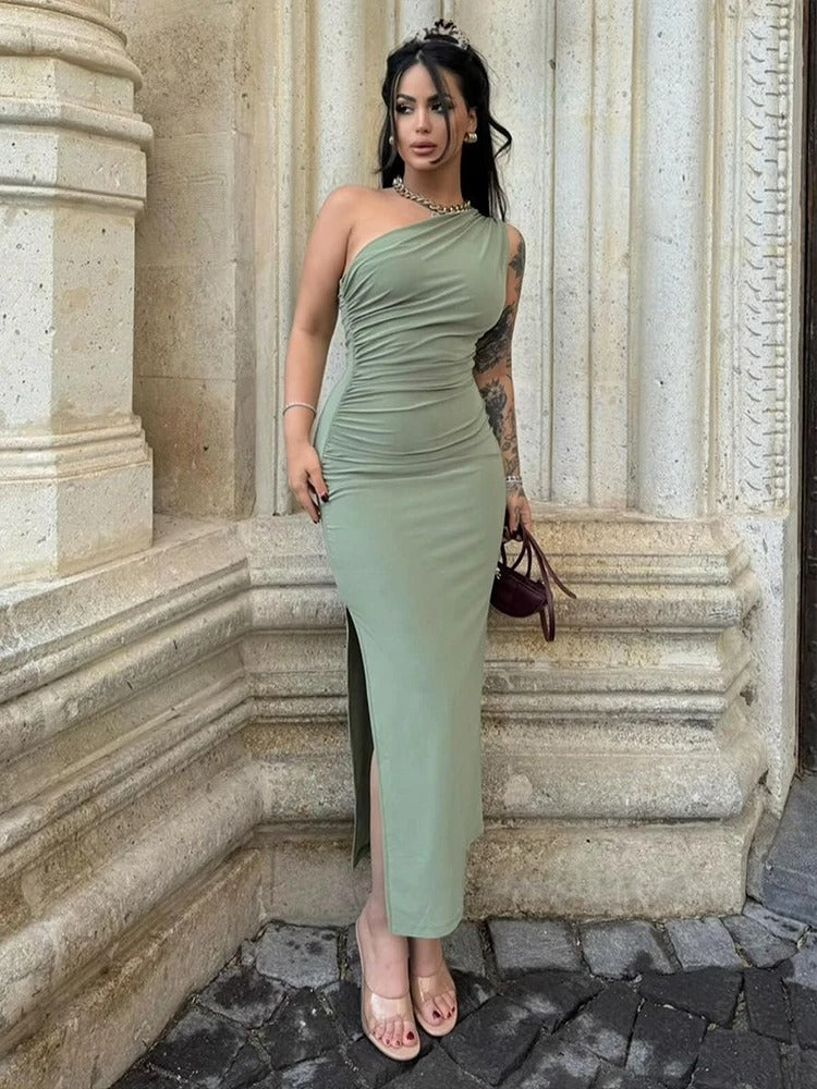 Nádia | Vestido Midi Franzido com Ombro Único e Drapeado Lateral