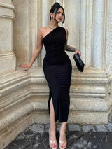 Nádia | Vestido Midi Franzido com Ombro Único e Drapeado Lateral