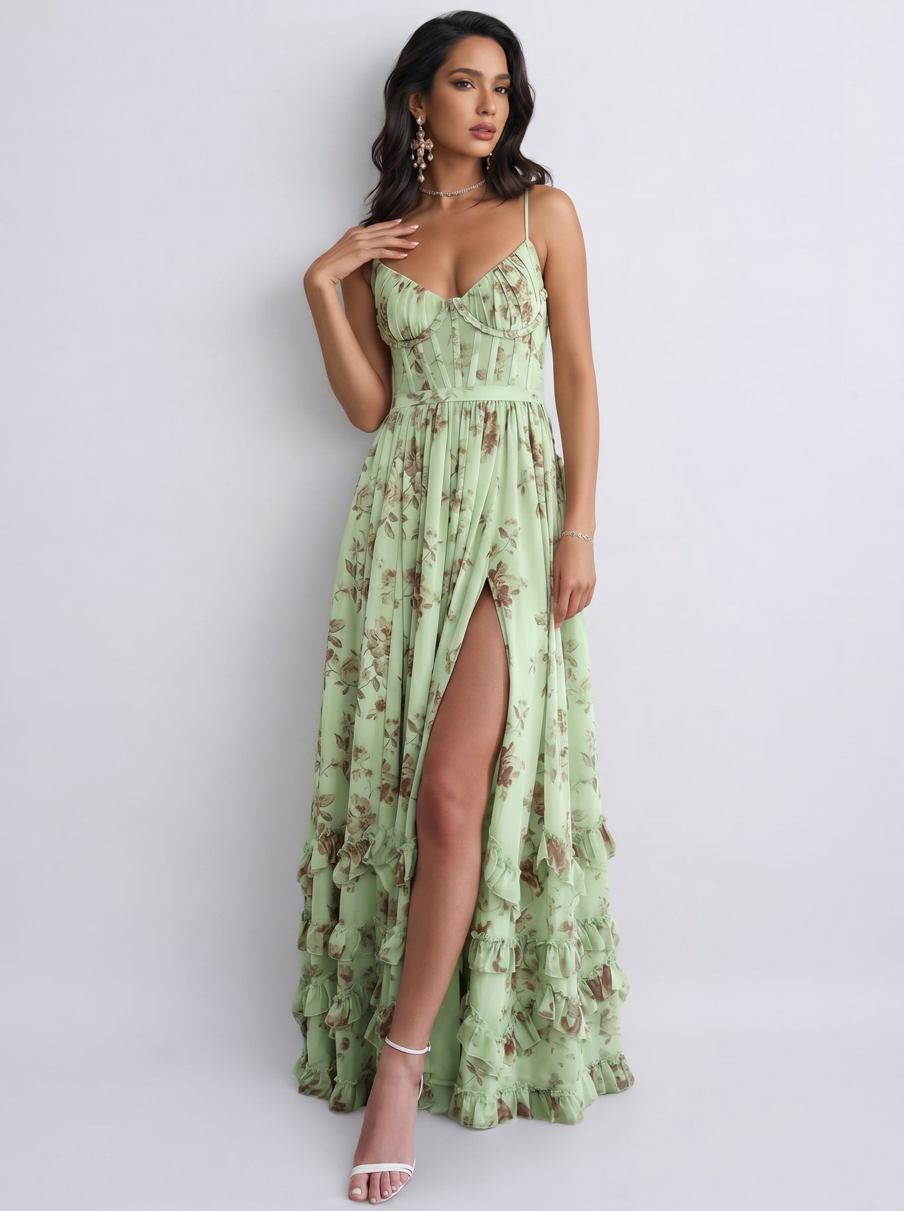 Lídia | Vestido Longo Floral em Tule com Fenda e Decote em V Profundo