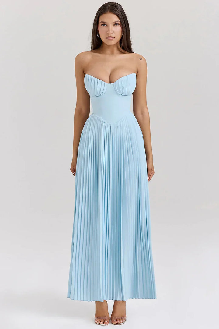 Isadora | Vestido Longo Azul Céu com Corpete Tomara que Caia e Saia Plissada