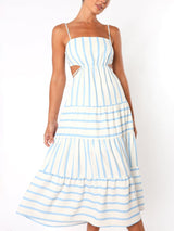Brízida | Vestido Midi Listrado com Cut-Out Lateral e Babado na Barra