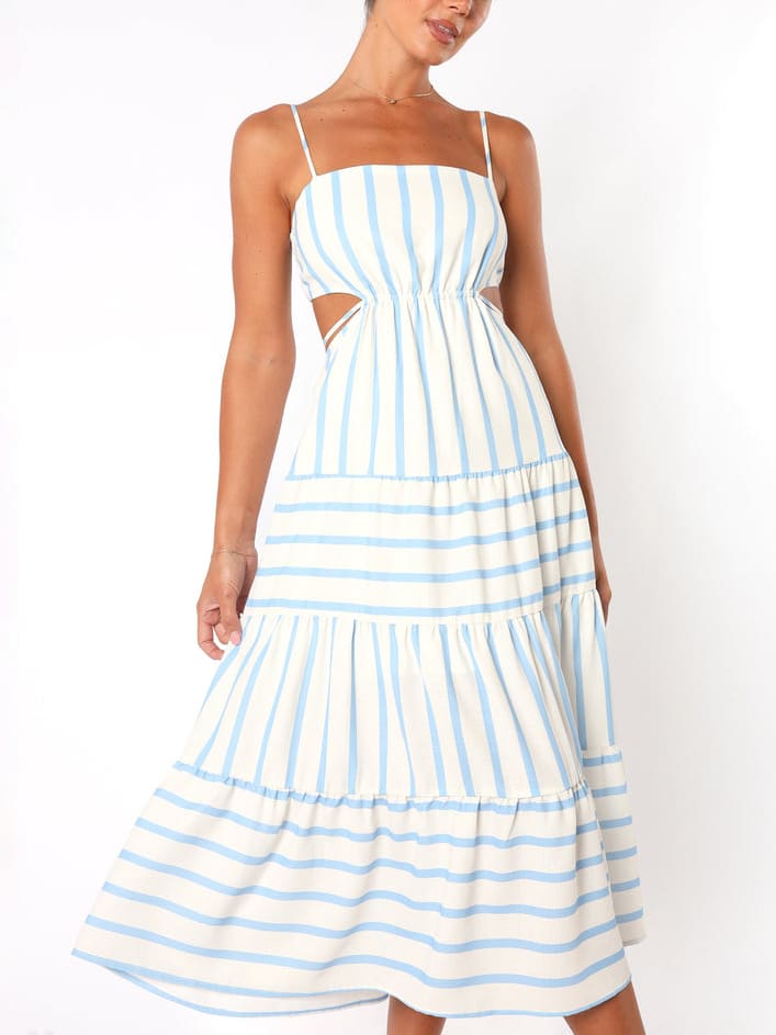 Brízida | Vestido Midi Listrado com Cut-Out Lateral e Babado na Barra