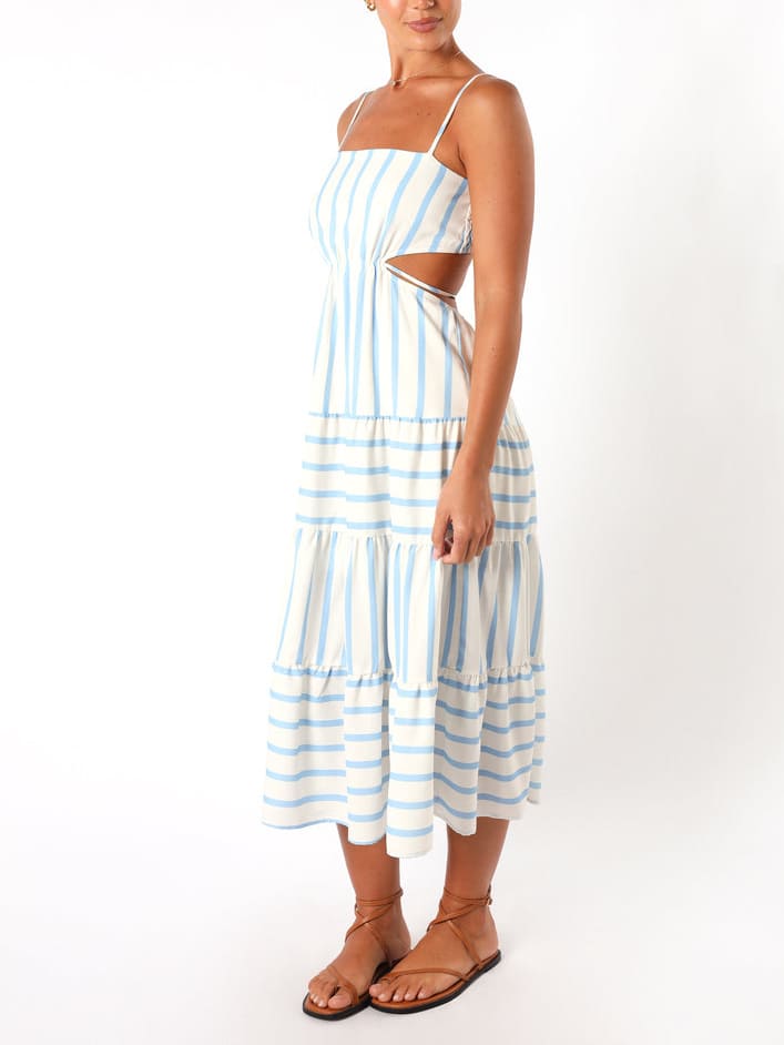 Brízida | Vestido Midi Listrado com Cut-Out Lateral e Babado na Barra