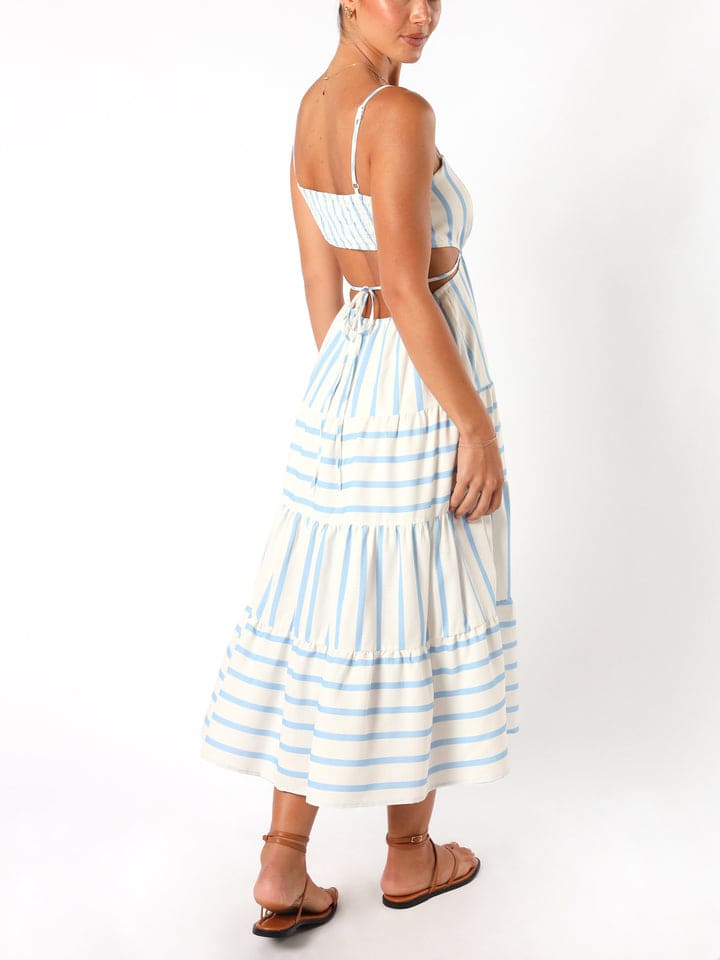 Brízida | Vestido Midi Listrado com Cut-Out Lateral e Babado na Barra